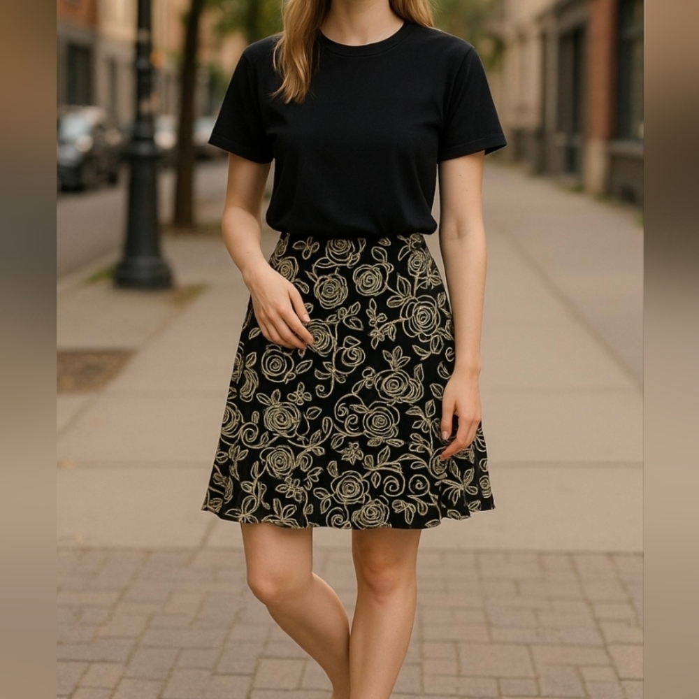 NWT, SJS Froral Black And Cream Skirt. Sz M